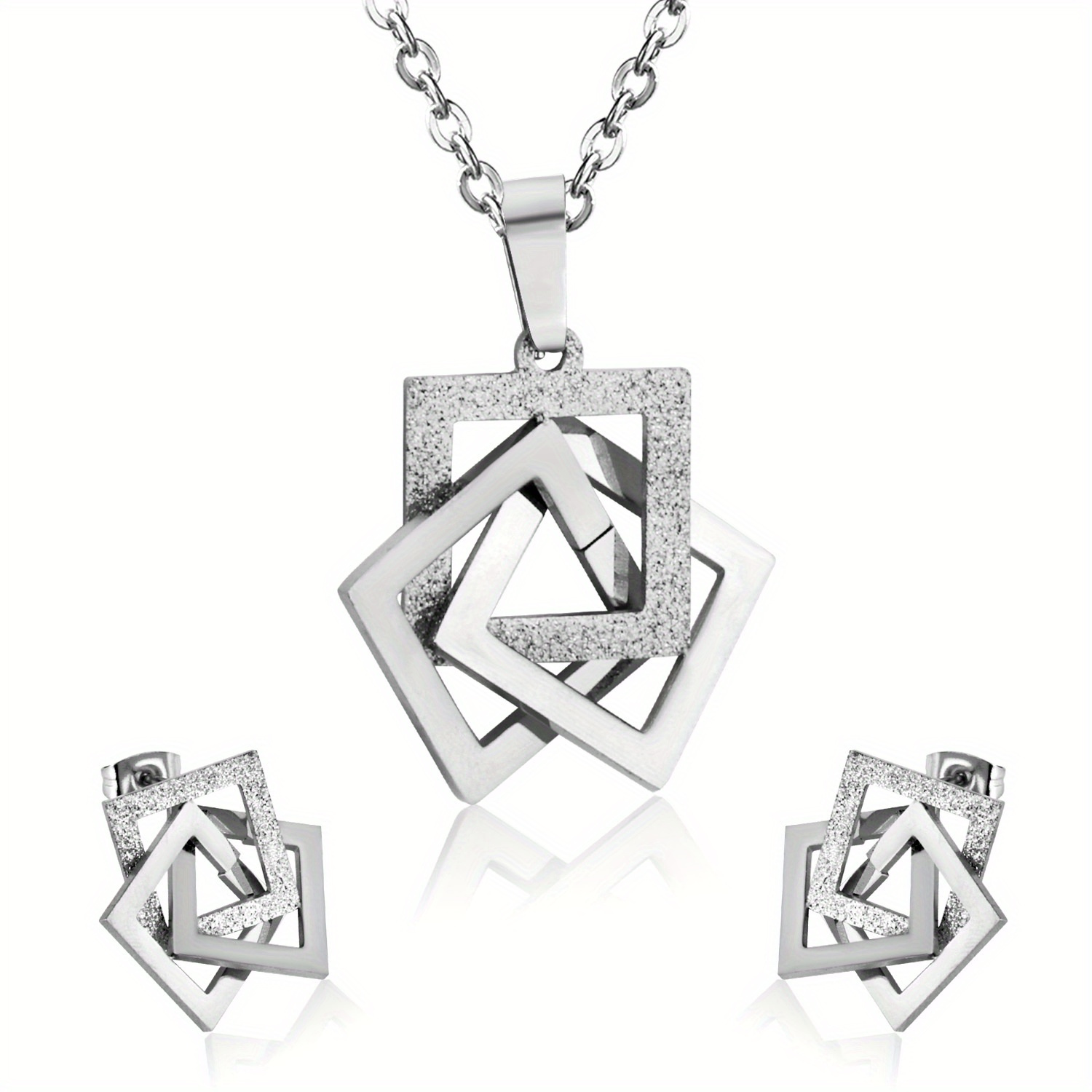 3pcs Set Square Necklaces and Stainless Steel Earrings for Everyday Wear